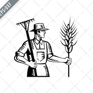 Agricultor de trigo sosteniendo un rastrillo y cereal grano tallo Retro Woodcut Svg-Organic Farmer SVG-Wheat Farmer Cut File-DXF-jpg-png