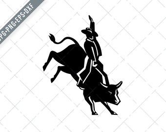 May include: Black and white silhouette of a cowboy riding a bucking bull. The cowboy is wearing a hat and has one hand on the bull's back. The bull is in mid-air with its legs extended.
