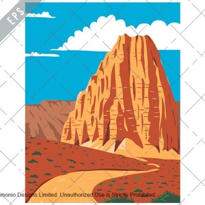May include: A digital illustration of a tall, orange-red rock formation with a winding dirt road leading up to it. The sky is blue with white clouds.