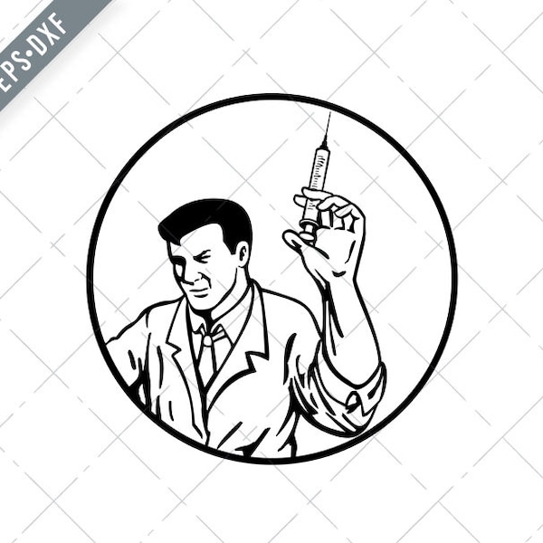 Doctor Nurse Medical Worker or Scientist Holding Up Syringe with Vaccine Retro Black and White Svg-SVG-vaccination Cut File-DXF-jpg-png