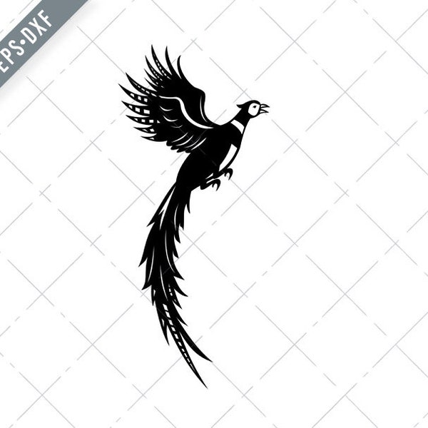 Silhouette of Common or Ring-Necked Pheasant Flying Up Retro Black and White Svg-Ring-Necked Pheasant SVG-Pheasant Cut File-DXF-jpg-png