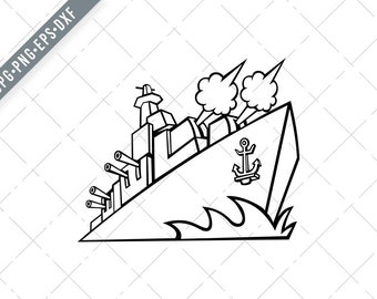 Navio de guerra destruidor americano ou navio de guerra com canhões disparando em preto e branco Svg-Destroyer SVG-Battleship Cut File-DXF-jpg-png