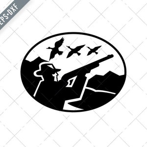 Entenjäger Ziel Schießen Enten Berge Oval Retro schwarz und weiß Svg-Ente Schießen SVG-Jagd geschnitten Datei-Ente Hunter DXF-jpg-png