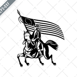 American Patriot Revolutionary General on Horseback  With Betsy Rose Flag Retro Svg-American Patriot SVG-Patriot Cut File-Betsy Rose FlagDXF
