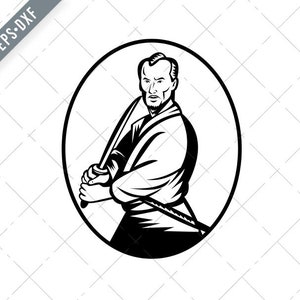 Puede incluir: Ilustración en blanco y negro de una persona sosteniendo una espada en posición de combate. La persona lleva un atuendo tradicional japonés.