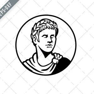 May include: Black and white line art illustration of a person wearing a laurel wreath. The person is looking straight ahead with a serious expression.