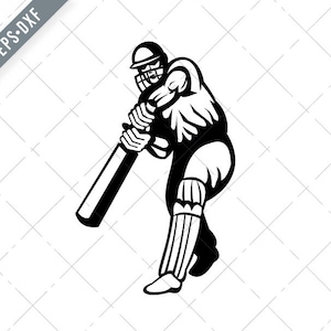 Krykiecista z kijem odbijającym widziany z przodu Retro czarno-biały Svg-Cricket Sport SVG-Cut File-DXF-jpg-png