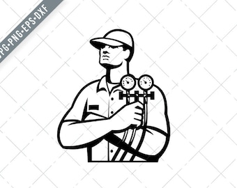 Heating and Cooling Refrigeration Technician Retro Black and White SVG-Refrigeration Technician SVG-Refrigeration Cut File-DXF-jpg-png