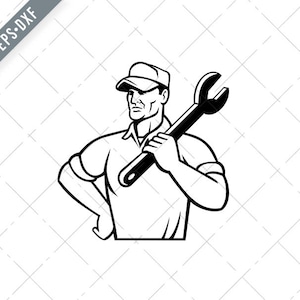 Automotive Mechanic or Aircraft Mechanic Holding Spanner on Shoulder Front View Retro Black and White Svg-Mechanic SVG-Cut File-DXF-jpg-png