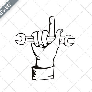 Mechanic Hand Holding Spanner or Wrench Index Finger Pointing Up Retro Woodcut Black and White Svg-Mechanic Hand SVG-Cut File-DXF-jpg-png