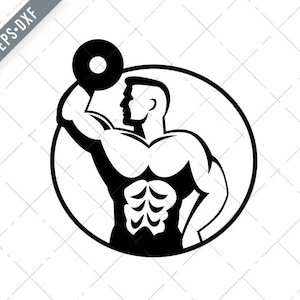 Muscular Bodybuilder Lifting Dumbbell Viewed from Side Circle Retro Black and White Svg-SVG-Cut File-Bodybuilder DXF-jpg-png