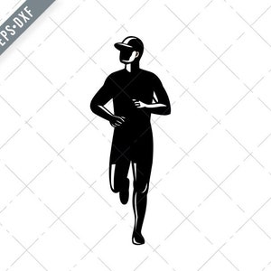May include: Black and white silhouette of a person running, wearing a cap.