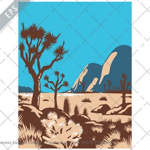May include: A digital illustration of a desert landscape with Joshua trees and mountains in the background. The sky is blue and the ground is brown.