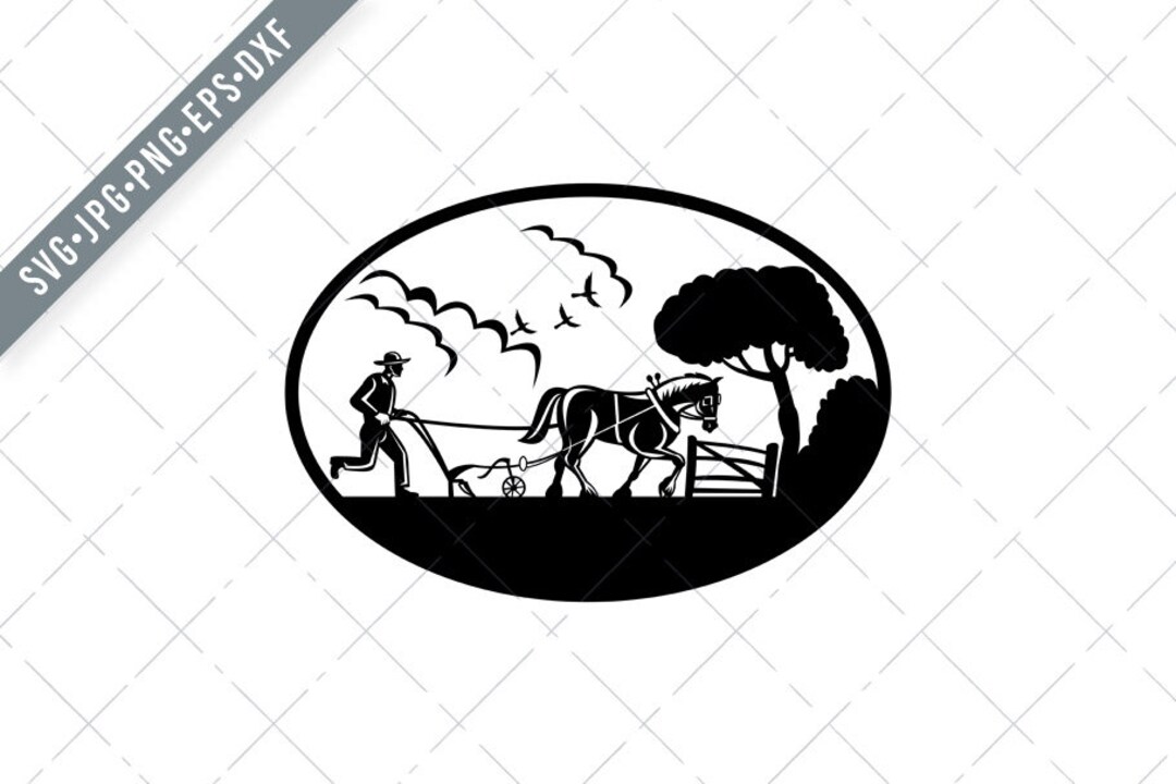Farmer Plowing Farm Field Oval Retro Woodcut Black and White Svg-farmer ...