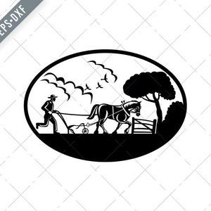 Farmer Plowing Farm Field Oval Retro Woodcut Black and White SVG-Farmer Plowing SVG-Cut File-DXF-jpg-png