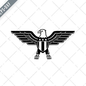 翼を広げたアメリカのハクトウワシとアメリカ合衆国星条旗の胸のマスコット、白黒 SVG-SVG-カット ファイル-DXF-jpg-png