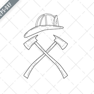 Casco pompiere con linea di ascia di fuoco incrociata Disegno bianco e bianco SVG-Fireman Helmet SVG-Fire Axe Cut File-DXF-jpg