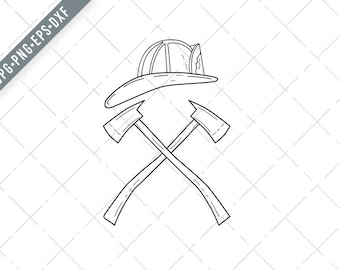 Fireman Helmet With Crossed Fire Axe Line Drawing Black and White SVG-Fireman Helmet SVG-Fire Axe Cut File-DXF-jpg-png
