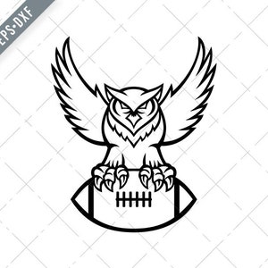 Grote gehoornde Uil of Tijgeruil Clutching American Football Ball Mascotte Zwart Wit Svg-Tiger Owl SVG-American Football Cut File-DXF-jpg-png