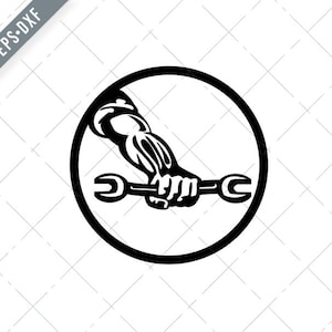 Mechanic Hand Holding Out Spanner Circle Retro Black and White SVG-Mechanic SVG-Mechanic Cut File-Mechanic DXF-jpg-png
