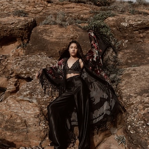 Black Cabbage Rose Floral Kimono Robe with Hand Knotted Fringe