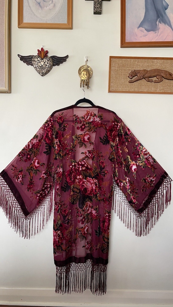 Red Velvet Kimono Robe: Floral Silk Blend Duster - Etsy