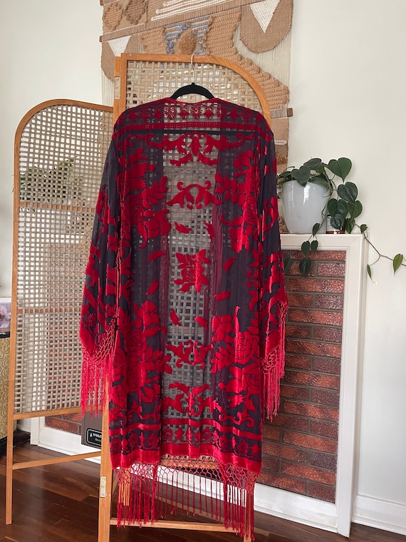 Red Velvet Burnout Kimono - One Size Red Velvet Burnout Kimono - One Size