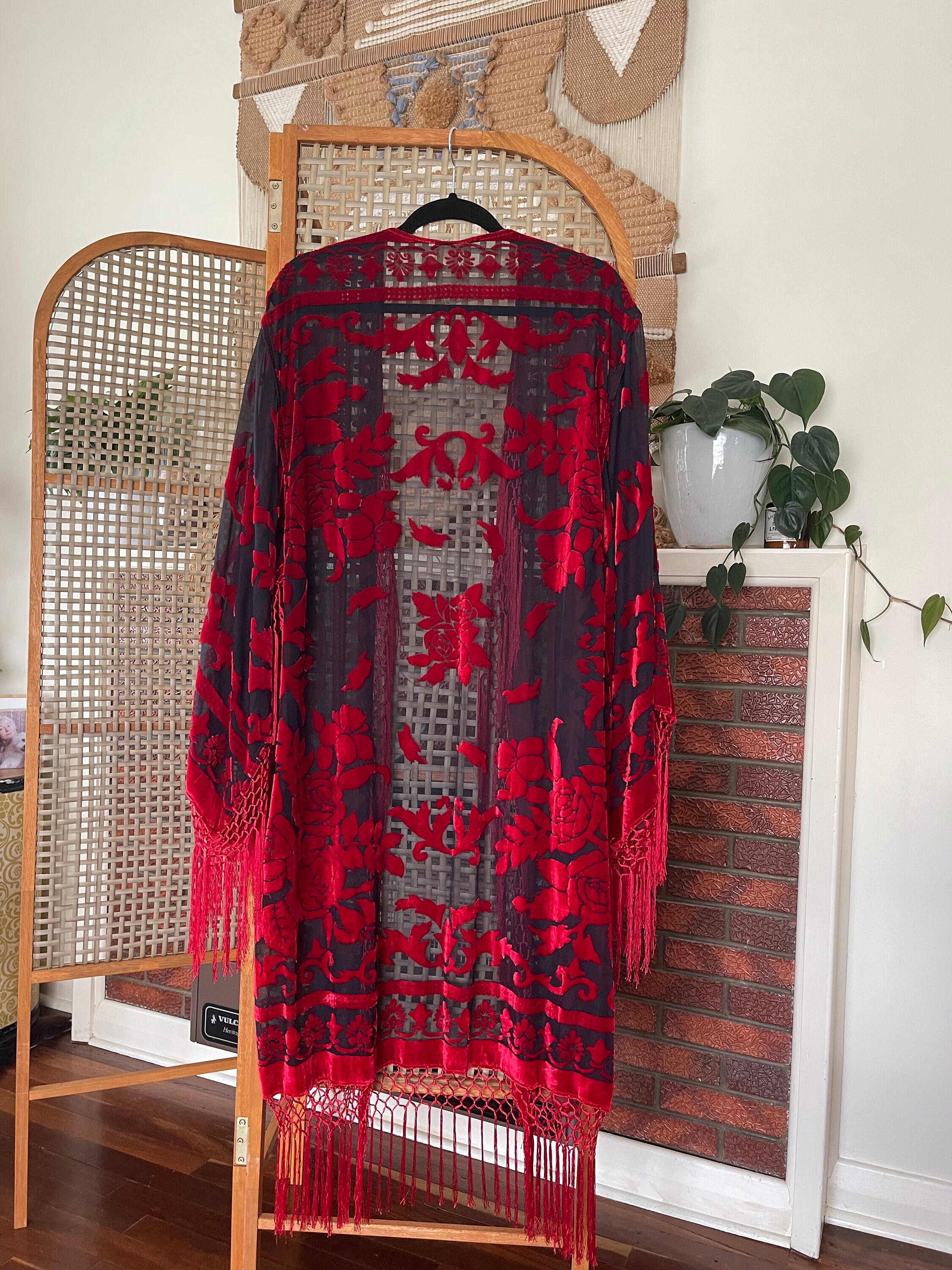 Red Velvet Burnout Kimono - One Size Red Velvet Burnout Kimono - One Size