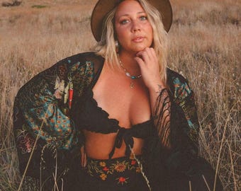 Plus Size Burnout Velvet Kimono Robe - Peacock Fringe, Boho Cover Up