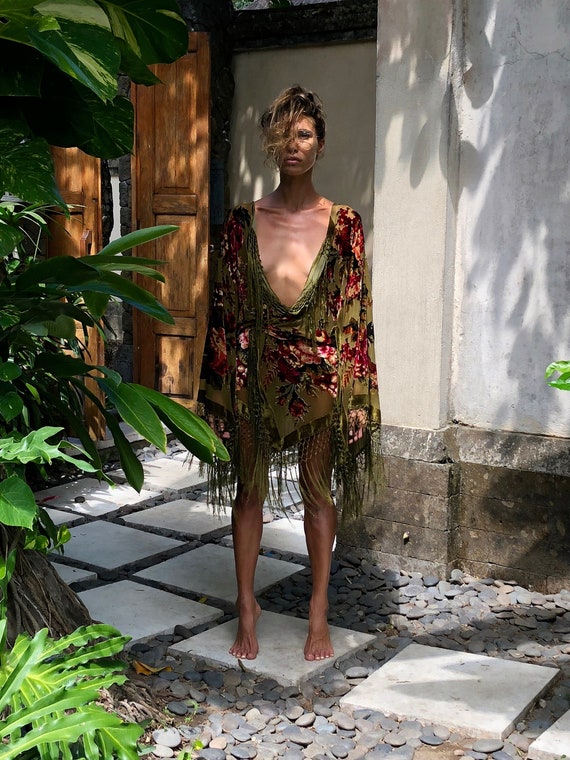 Burnout Velvet Silk Kimono Robe - Olive Green Rose Fringe Duster