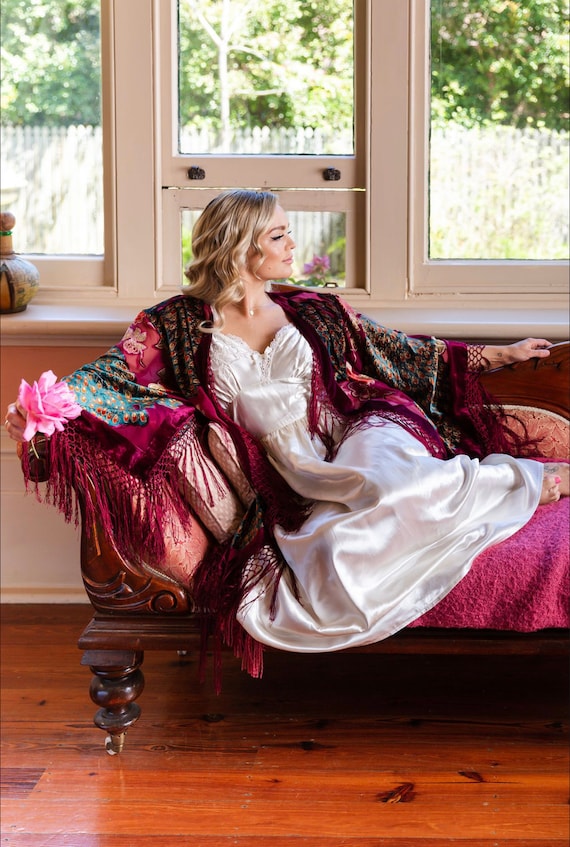 Velvet Kimono Robe: Bohemian Bridal Peacock Fringe Jacket
