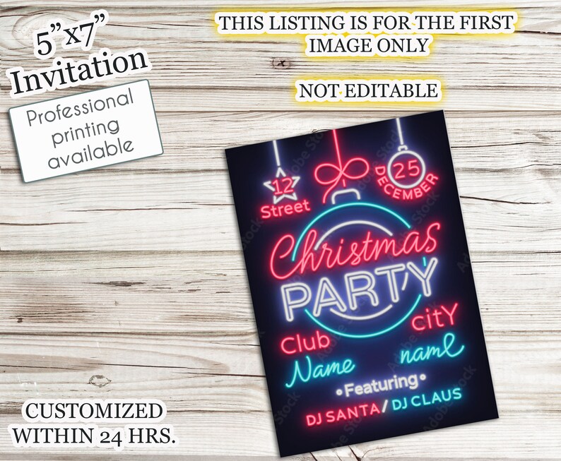 Printable 5x7 Neon Lights Christmas Party Invitation Santa Etsy