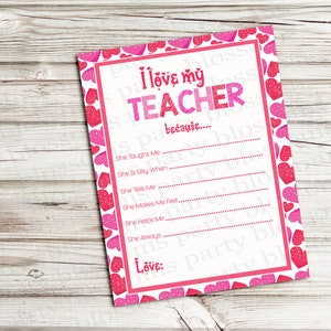 INSTANT DOWNLOAD: I Love My Teacher Because Printable Teacher | Etsy
