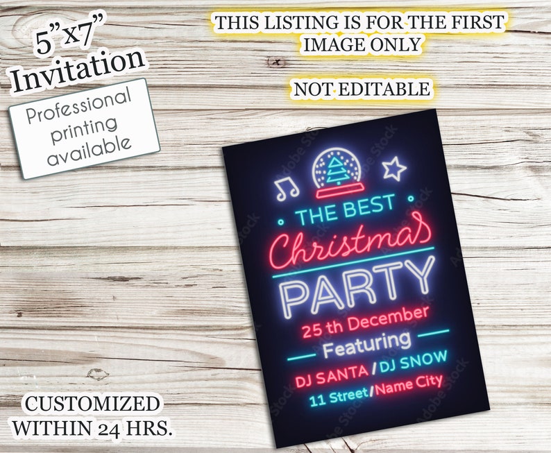 Printable 5x7 Neon Lights Christmas Party Invitation Santa Etsy