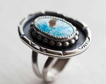 Size 6.5 Sterling Silver Turquoise Mountain Turquoise Ring, Stamped Ring, Southwestern Ring, Native American Inspired, Ready To Ship!