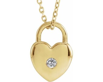 Petite Diamond or Birthstone Heart Lock Padlock Necklace - 14kt Solid Gold