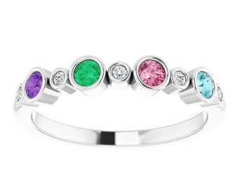 Mother's Birthstone & Diamond Ring - Sterling Silver with Genuine Gemstones