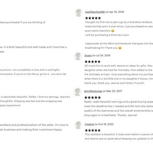 May include: A collection of positive customer reviews for a jewellery shop. The reviews highlight the quality of the jewellery, the professionalism of the seller, and the positive customer service experience.