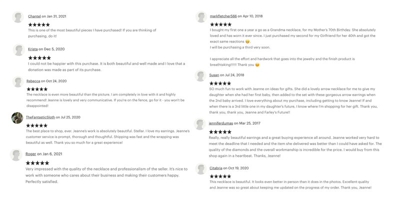 May include: A collection of positive customer reviews for a jewellery shop. The reviews highlight the quality of the jewellery, the professionalism of the seller, and the positive customer service experience.