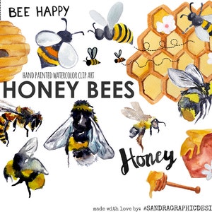 Clip art "Honing bijen" handgeverfd, waterverf clipart 300 dpi png bestanden (5237)