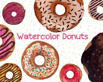 Watercolor Donut Clipart Set – Cute Dessert PNG Bundle, Colorful Sprinkles & Chocolate Donuts, Sweet Food Illustrations, 15 Images
