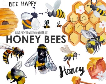 Honey bee clip art, summer clipart, beez, bee hive, nature clipart, hand painted watercolor clipart (5237)