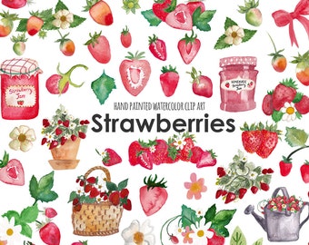 Conjunto de Clipart PNG de Morangos em Aquarela | Clipart de Frutas Pintadas à Mão | Ilustrações Cottagecore de Morangos, Potes de Geleia e Flores de Verão