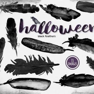 May include: An assortment of black watercolour feathers in diverse forms, set against a white backdrop. The word "Halloween" is written in purple script, with a small bird perched on the letter "h". The text "black feathers" is also present.