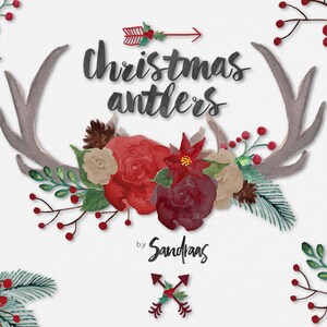 Christmas antlers clip art, watercolor clip art, watercolor antlers, floral antlers, Christmas clip art (5220)