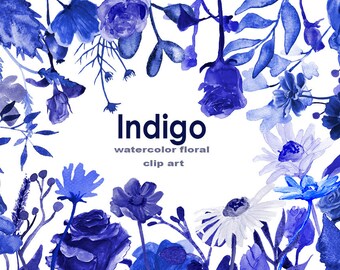 Indigo flowers clip art, hand painted floral watercolor clip art, digital flowers, flower bouquets, flower frames, 60 PNG  files (5246)