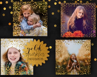 Gold Confetti Overlay PNG Pack | Sparkle Glitter Photo Overlays | Transparent Gold Borders & Effects | Scrapbook, Invitations Design