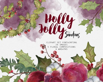 Christmas clip art: "HOLLY JOLLY", with high quality, hand painted watercolor wreaths