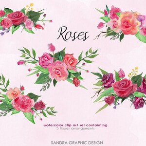 Puede incluir: Conjunto de im&aacute;genes predise&ntilde;adas de acuarela con cinco arreglos florales de rosas en tonos rojos, rosas y melocot&oacute;n, con hojas verdes. La palabra "Roses" est&aacute; escrita en cursiva. El fondo es rosa claro.