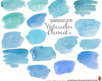 Clip art set: "WATERCOLOR STROKES" with 16 paint smutches in blue, clipart, 300 dpi PNG files (5089)